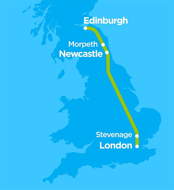 lumo train map from Edinburgh to London
