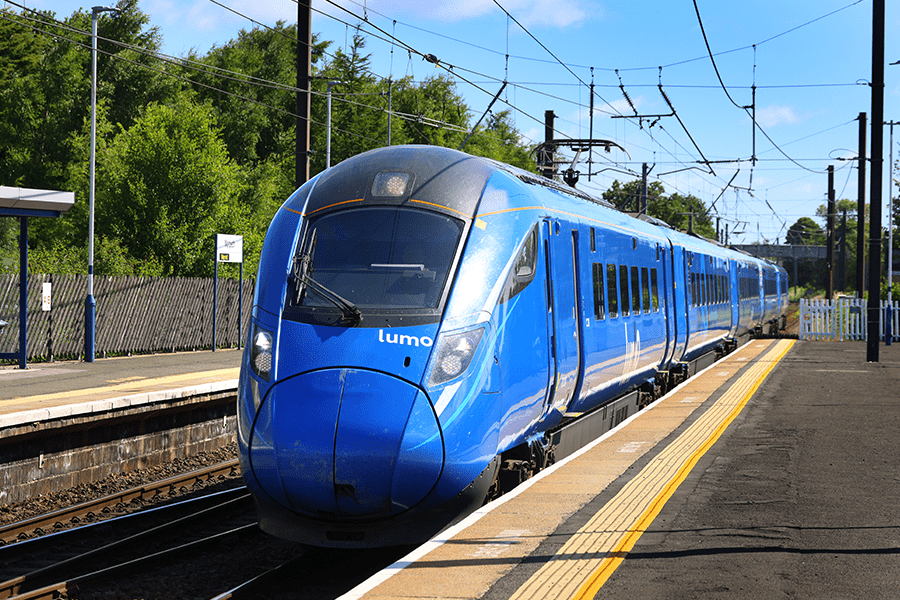 Lumo train arriving at Morpeth station