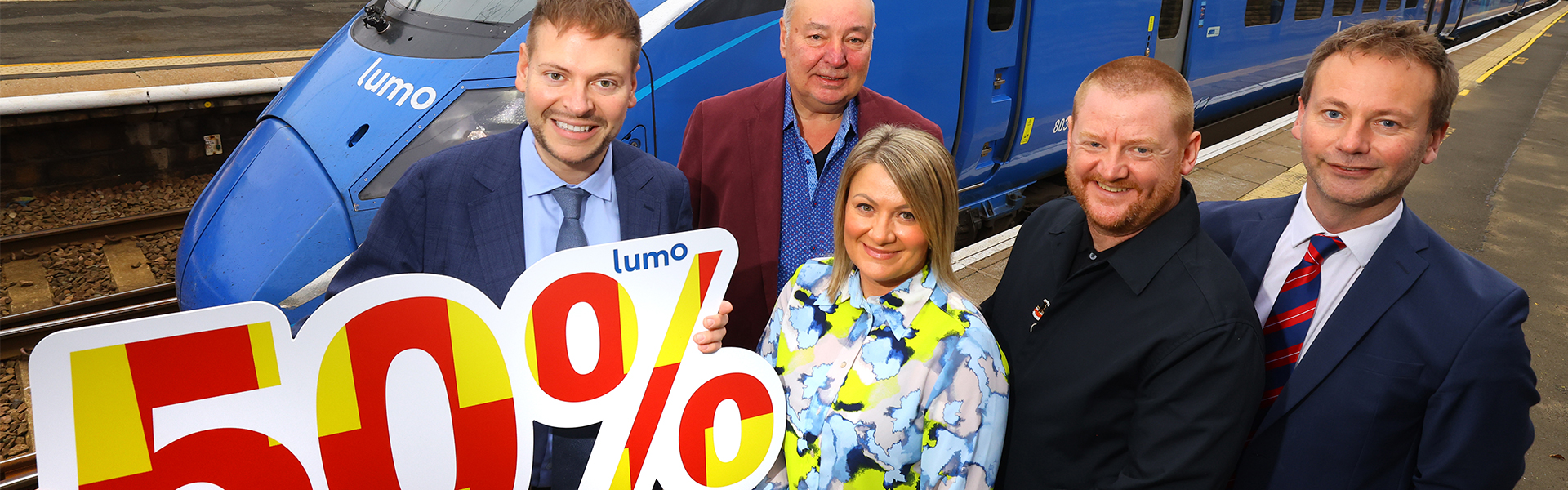 (L-R) Martijn Gilbert, Managing Director at Lumo joined by Dennis Fancett, Chair of local pro-rail campaign group SENRUG, Lyndsey Turner Swift, Deputy VisitEngland Director, Ian Thomas, Chief Operating Officer at NewcastleGateshead Initiative, on behalf of Destination North East England and Cllr Richard Wearmouth, a councillor in Morpeth and Deputy Leader at Northumberland County Council
