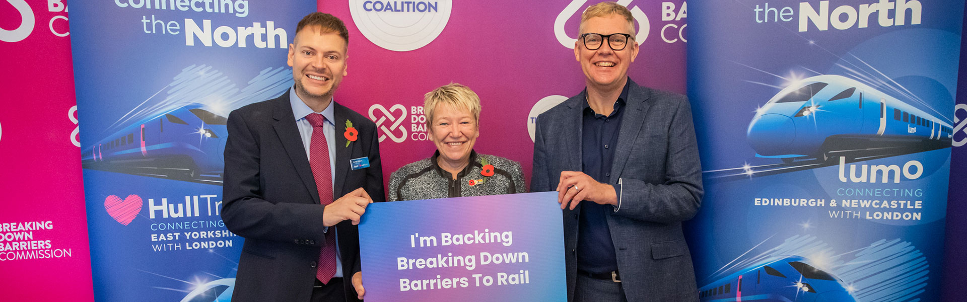 Martijn Gilbert, Managing Director of Lumo and Hull Trains, Rachel Taylor, Member of Parliament Chair of The All-Party Parliamentary Group, Nick Forbes CBE, Chair of The Purpose Coalition's Breaking Down Barriers Commission