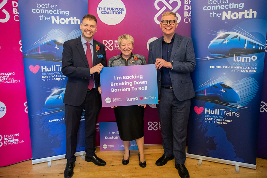 Martijn Gilbert, Managing Director of Lumo and Hull Trains, Rachel Taylor, Member of Parliament Chair of The All-Party Parliamentary Group, Nick Forbes CBE, Chair of The Purpose Coalition's Breaking Down Barriers Commission