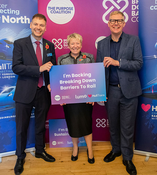 Martijn Gilbert, Managing Director of Lumo and Hull Trains, Rachel Taylor, Member of Parliament Chair of The All-Party Parliamentary Group, Nick Forbes CBE, Chair of The Purpose Coalition's Breaking Down Barriers Commission