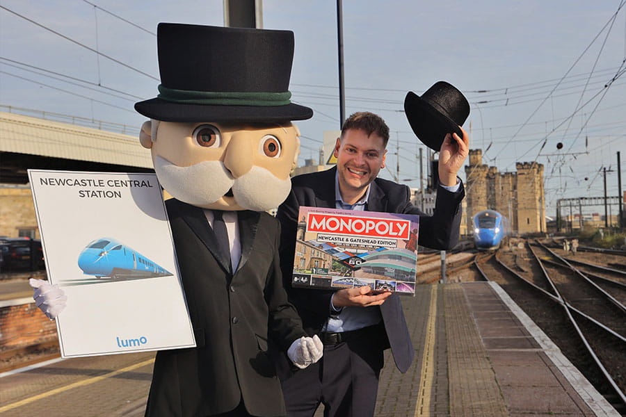 Martijn Gilbert, Managing Director of Lumo, and Mr Monopoly at Newcastle Station