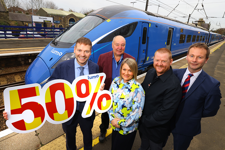 (L-R) Martijn Gilbert, Managing Director at Lumo joined by Dennis Fancett, Chair of local pro-rail campaign group SENRUG, Lyndsey Turner Swift, Deputy VisitEngland Director, Ian Thomas, Chief Operating Officer at NewcastleGateshead Initiative, on behalf of Destination North East England and Cllr Richard Wearmouth, a councillor in Morpeth and Deputy Leader at Northumberland County Council