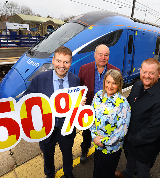 (L-R) Martijn Gilbert, Managing Director at Lumo joined by Dennis Fancett, Chair of local pro-rail campaign group SENRUG, Lyndsey Turner Swift, Deputy VisitEngland Director, Ian Thomas, Chief Operating Officer at NewcastleGateshead Initiative, on behalf of Destination North East England and Cllr Richard Wearmouth, a councillor in Morpeth and Deputy Leader at Northumberland County Council