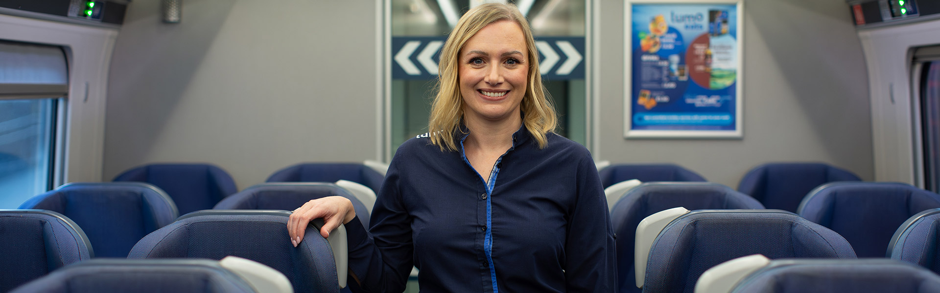 Sam Bentley, Customer Driver, inside of a Lumo train